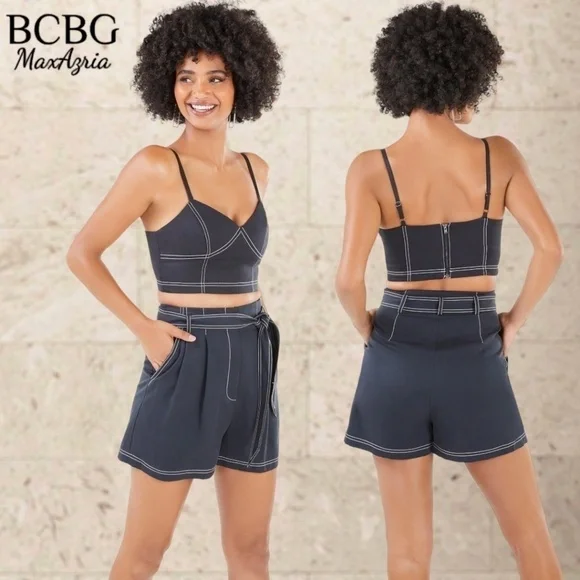 BCBGMAXAZRIA Topstitch Bustier-Style Full Zip Back Crop Top/Dk. Navy/LG NWT